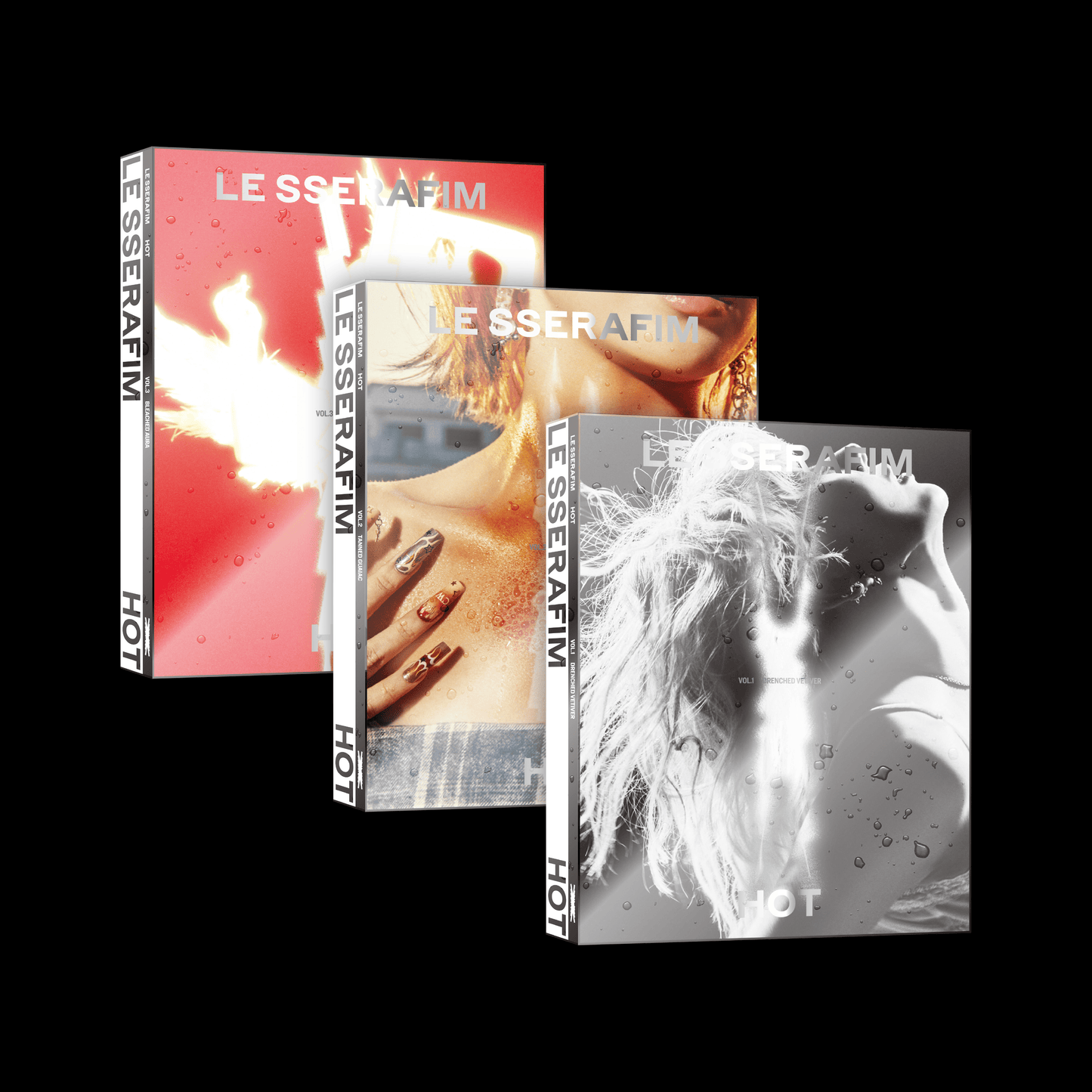 LE SSERAFIM – HOT (5. mini album) – Vol.1 DRENCHED VETIVER / Vol.2 TANNED GUAIAC / Vol.3 BLEACHED AURA
